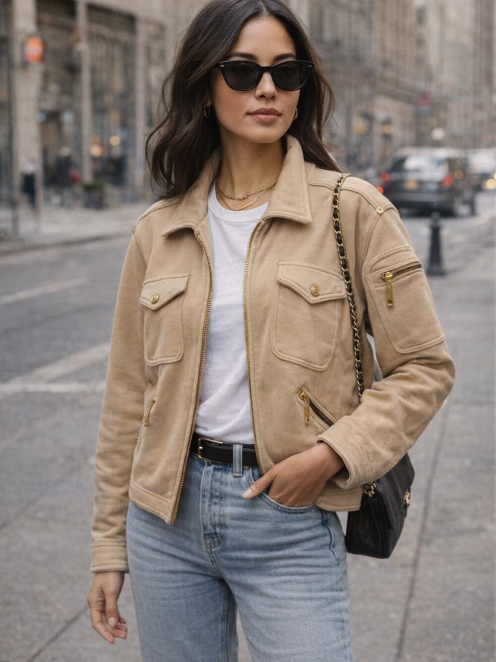 Adrienne Vittadini Camel Colored 100% Cotton Shacket with Gold Hardware